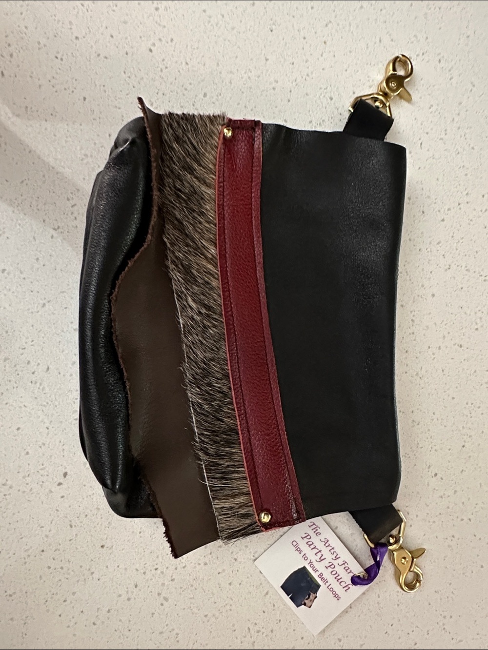 Black & Burgundy Mixed-soft leather Women's pouch for attachment to belt loops.